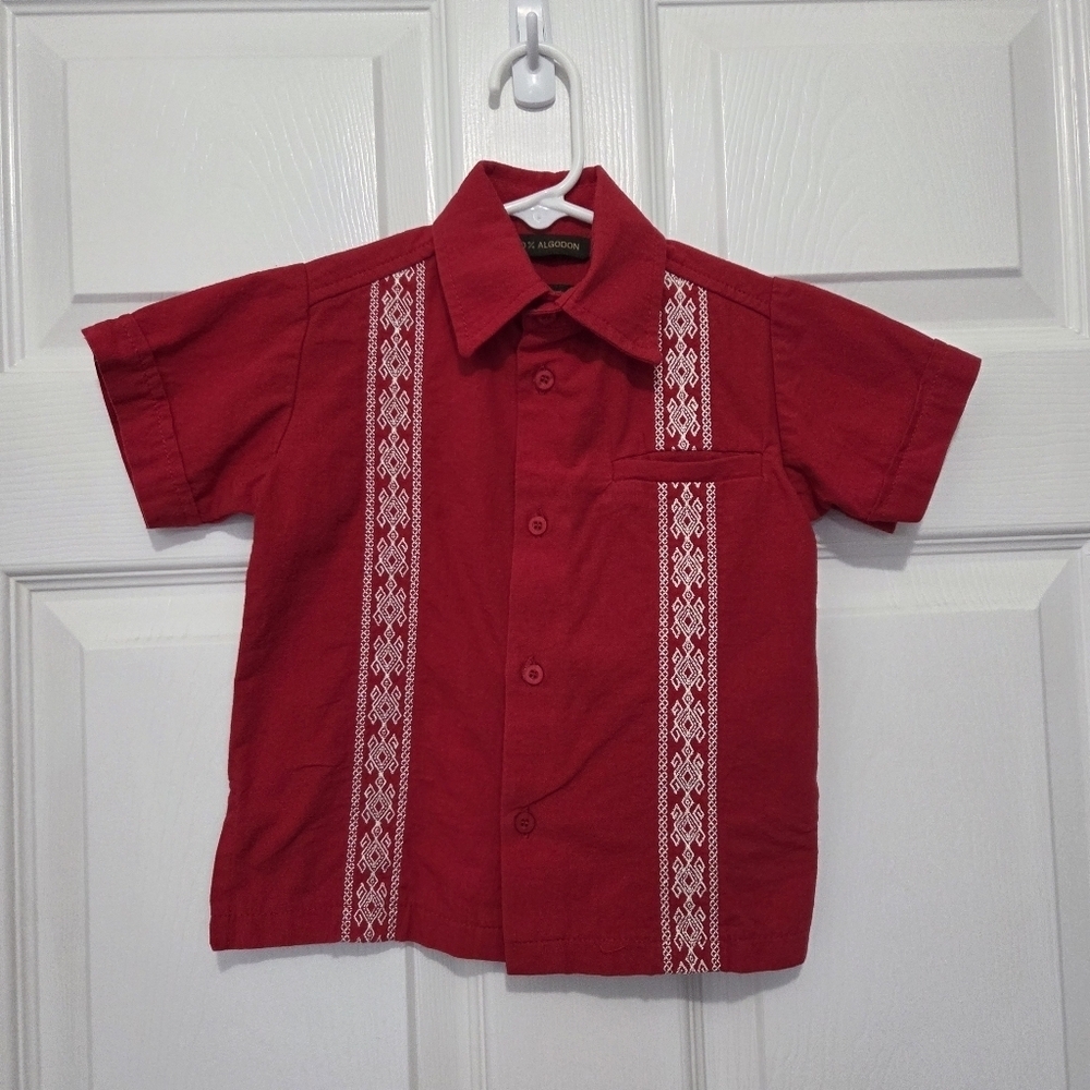Le Maan Guayaberas Boys Red Embroidery 100% Cotton Button Up Sz 6 Summer Spring
